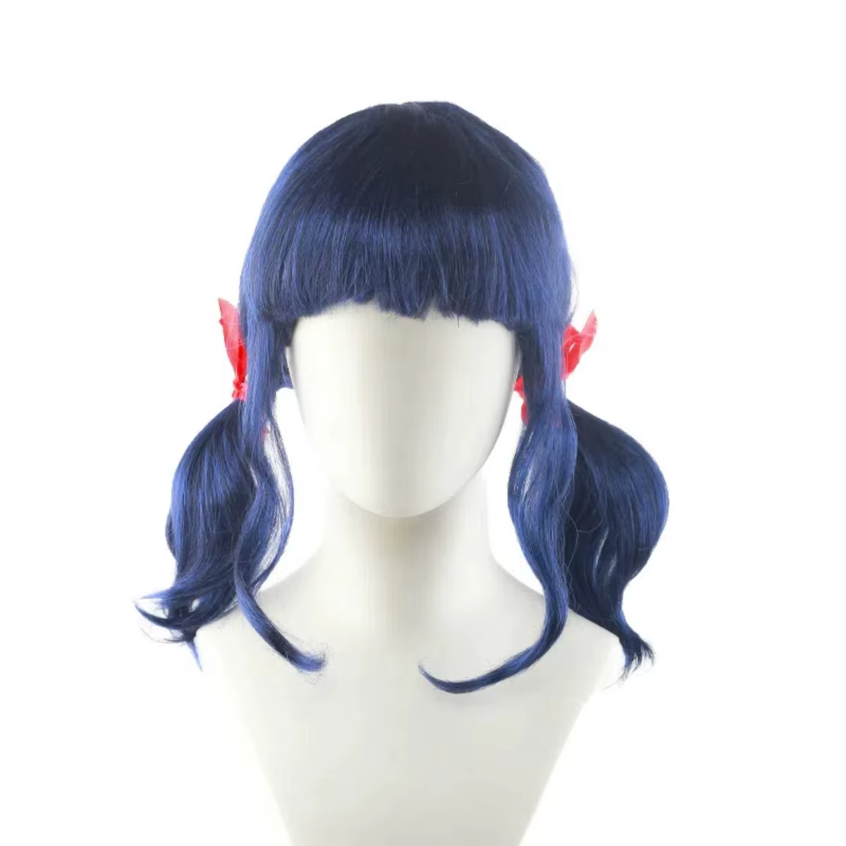Perruque synthétique bleu marine bouclée à double queue de cheval avec nœuds rouges, frange droite s