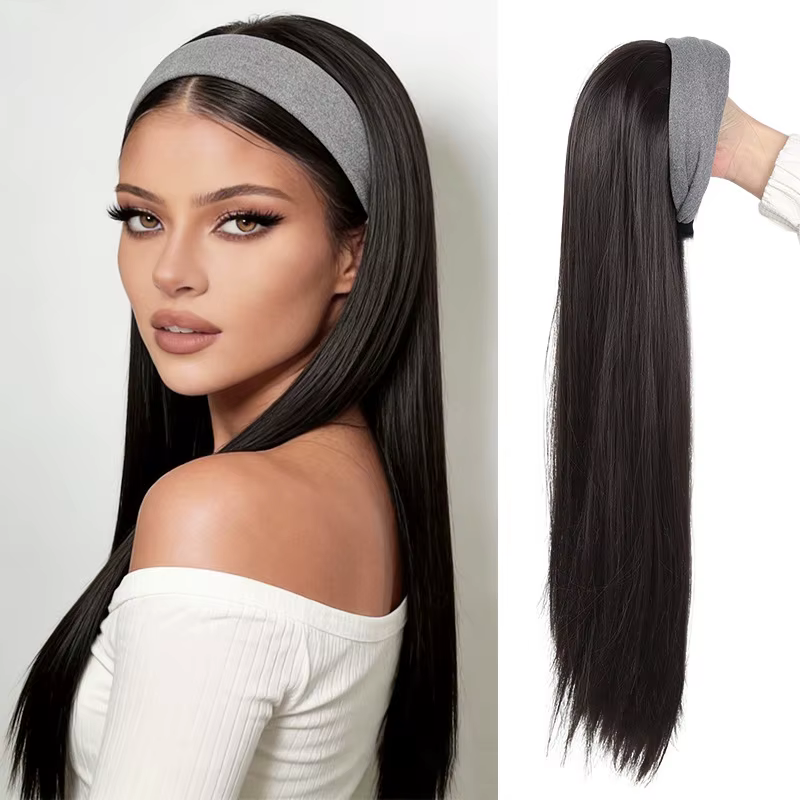 Demi-perruque tendance pour femme avec bandeau gris et cheveux synthétiques longs et raides, aspect 