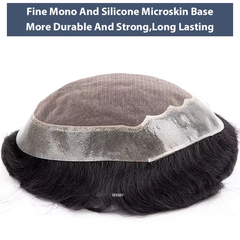 Perruque toupet bouclée pour hommes, Mono fin avec Base de peau, prothèse capillaire indienne nature
