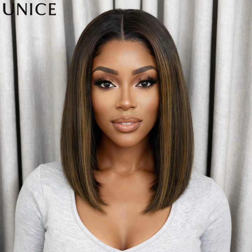 Perruque courte bob UNice Balayage Highlight Yaki Straight, en cheveux humains, avec dentelle 7x5, s