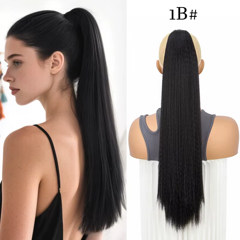 Extension de queue de cheval longue synthétique Yaki queue de cheval avec cordon pour femmes noires 