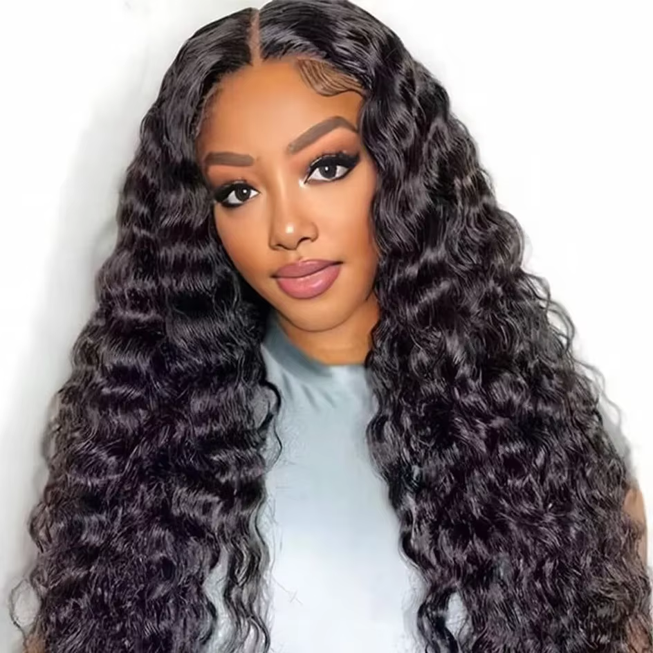 Perruque Lace Front Wig sans colle bouclée 4x4 5x5, couleur naturelle, Deep Wave, pre-coupée, brésil
