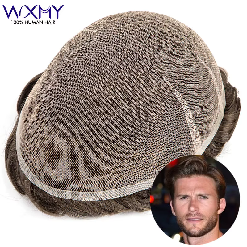 AIR-Lace pleine dentelle Base hommes toupet mâle prothèse de cheveux 6 "perruques de cheveux humains