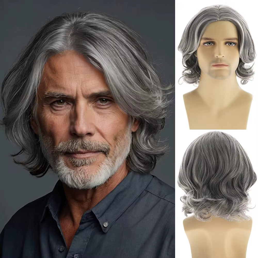 HAIRJOYMens perruque grise courte ondulée Bob perruque synthétique Cosplay fête remplacement perruqu