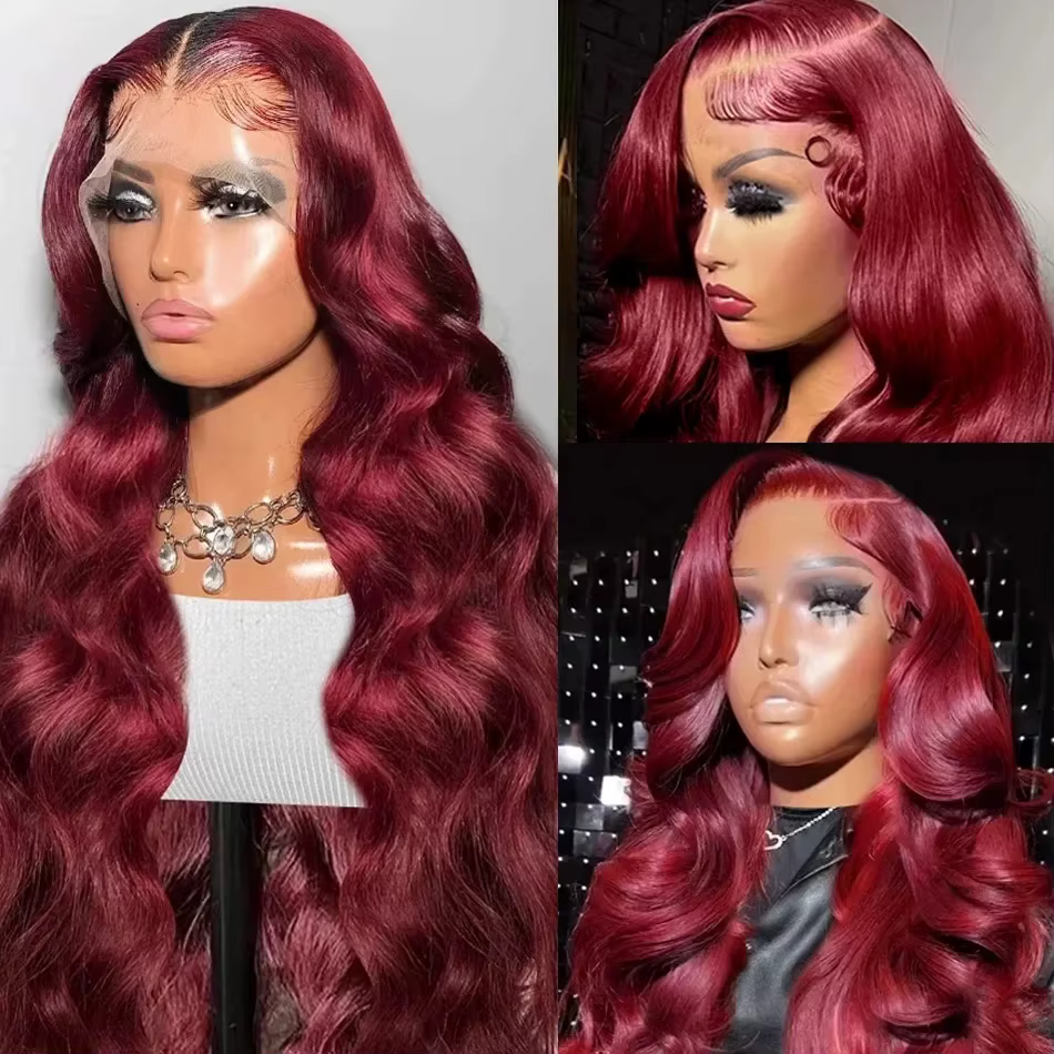 Perruque Lace Front Wig naturelle Body Wave-Tuneful, rouge bordeaux 99J, 13x6, HD