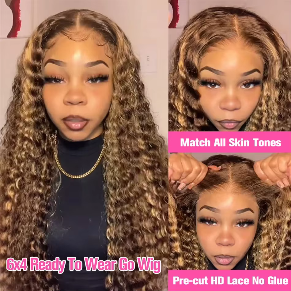 Luckathy bouclés couleur mettre en évidence perruque cheveux humains vague profonde 13X6 Hd dentelle