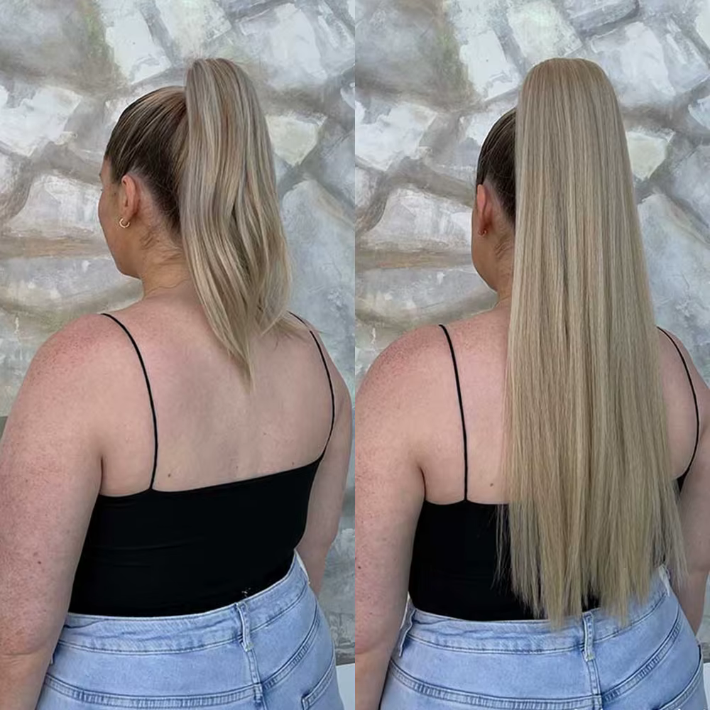 34 pouces queue de cheval synthétique Extension de cheveux pince en fausse perruque postiche Blonde