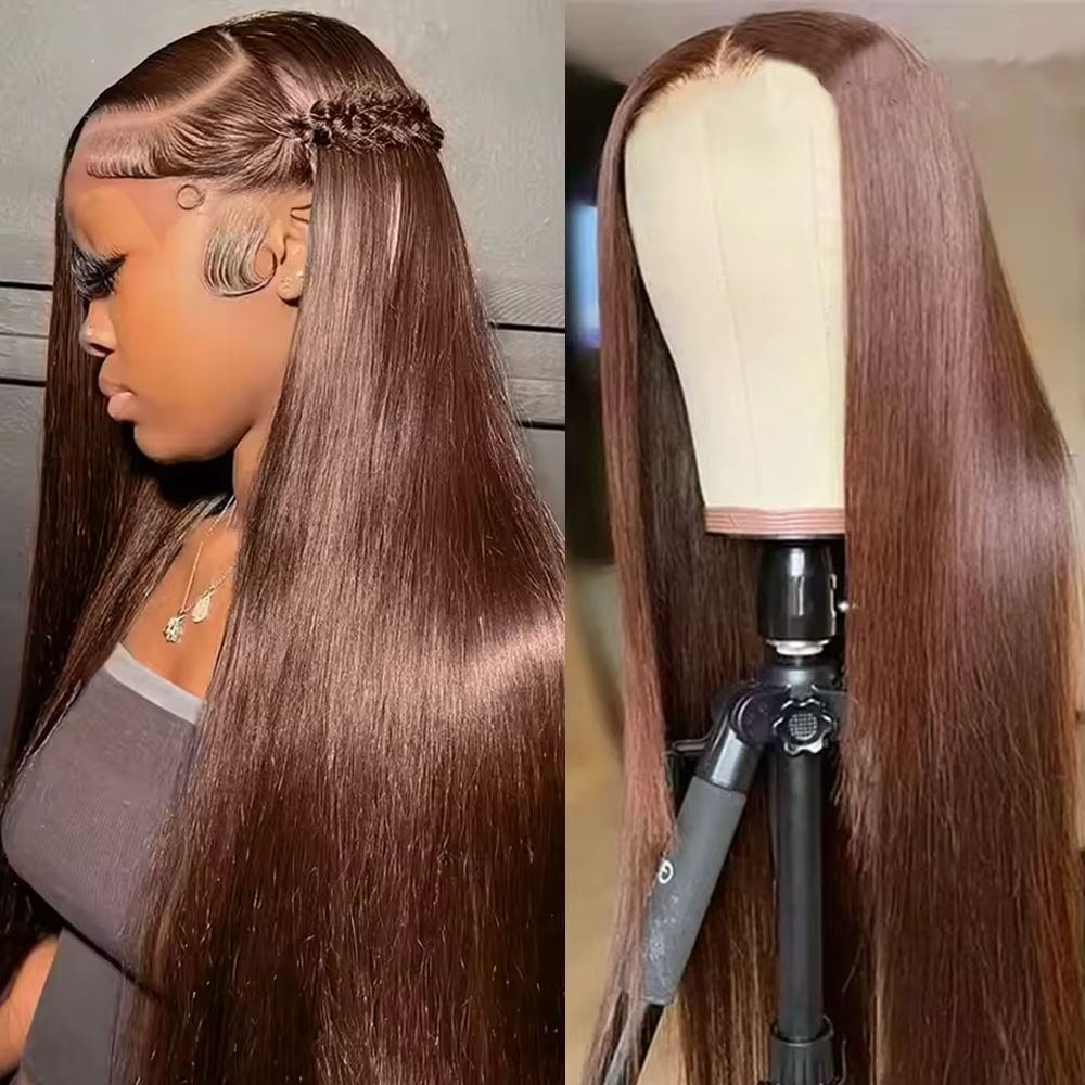 46 pouces # Perruque en cheveux humains brun chocolat, lisse, avec dentelle frontale HD 13x6, densit