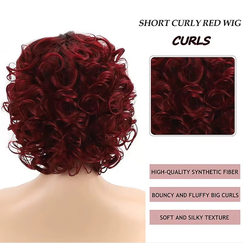 HAIRJOY cheveux synthétiques courts bordeaux bouclés perruques pour femmes Ombre vin rouge perruque 