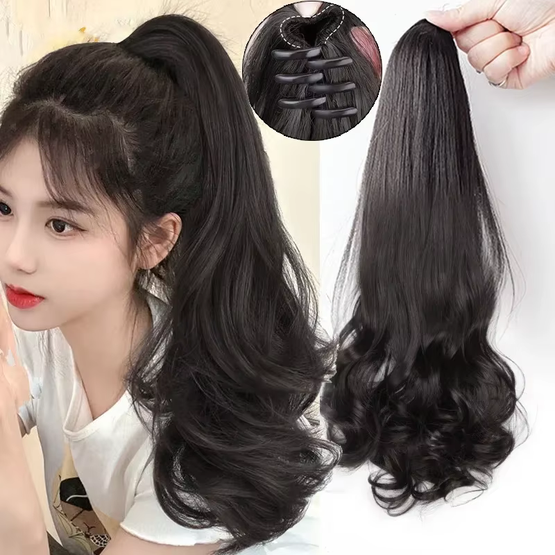 Extensions capillaires synthétiques longues et lisses à Clip pour queue de cheval, 50cm, résistantes