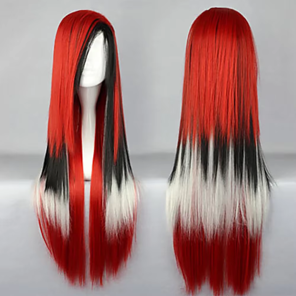 Perruque Synthétique Longue et Lisse, Rouge, Noir, Blanc, Ombrée, pour Costume Lolita