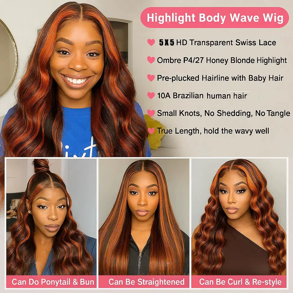 Perruque Lace Front 5x5 sans colle en cheveux humains, ondulée, pré-épilée, avec mèches marron ginge