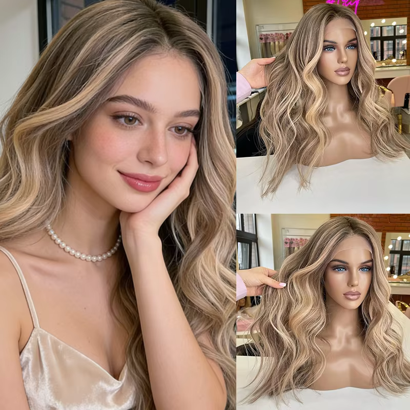 Nouvelle perruque Lace Front 2026 tendance, mèches blondes et brunes, mélange synthétique 5% cheveux