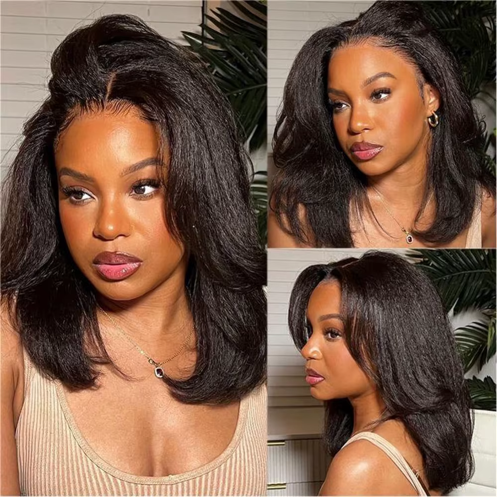 Perruque Bob Lace Front Wig Yaki Synthétique Sans Colle, Postiche Court, Noir, Doux, Crépu, Droit, P