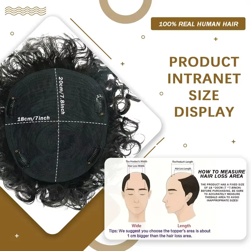 Petite perruque bouclée pour hommes, cheveux humains réels, filet intérieur noir, revêtement respira
