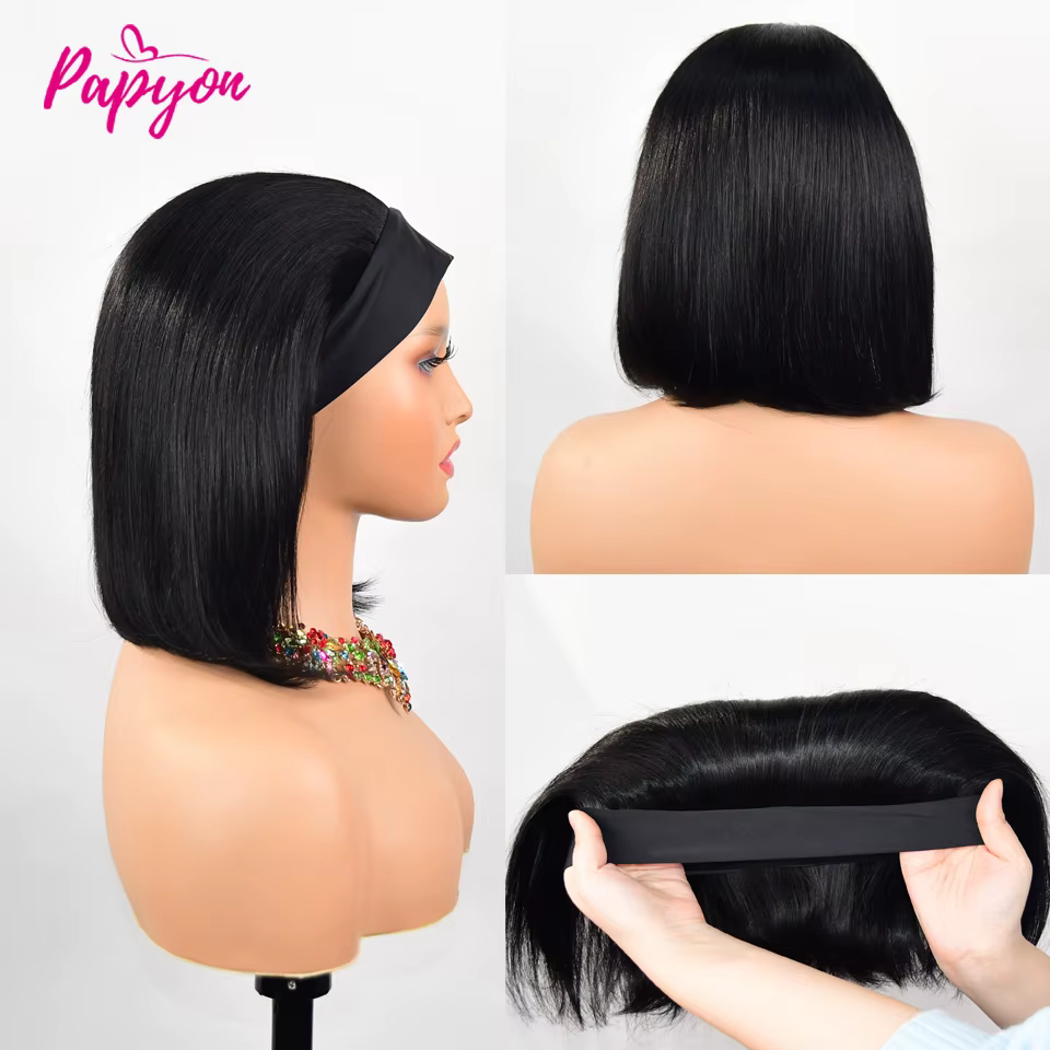 Perruque Bob Brésilienne Naturelle Cheveux Courts et Lisses Faite à la Machine Facile à Mettre et à 