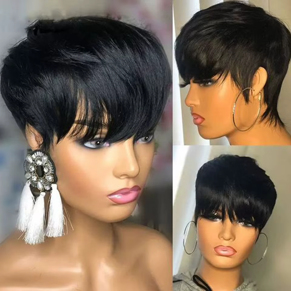 Perruque Bob Pixie Péruvienne avec Frange pour Femme, Cheveux Naturels Lisses, Courts, Sans Colle, C