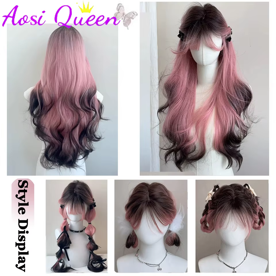AosiQueen – perruques synthétiques ombrées noires et roses pour Cosplay, perruques longues et ondulé