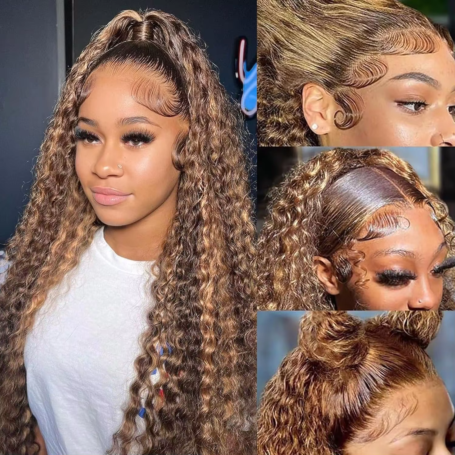 Perruque bouclée 30-34 pouces en cheveux humains blond miel, perruque frontale en dentelle 13x4 Deep