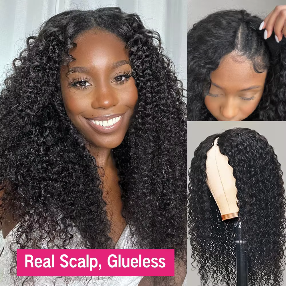 Perruque Brésilienne Bouclée en V pour Femme, Cheveux Humains Remy, Deep Wave, 250% Sans Colle, 30 3