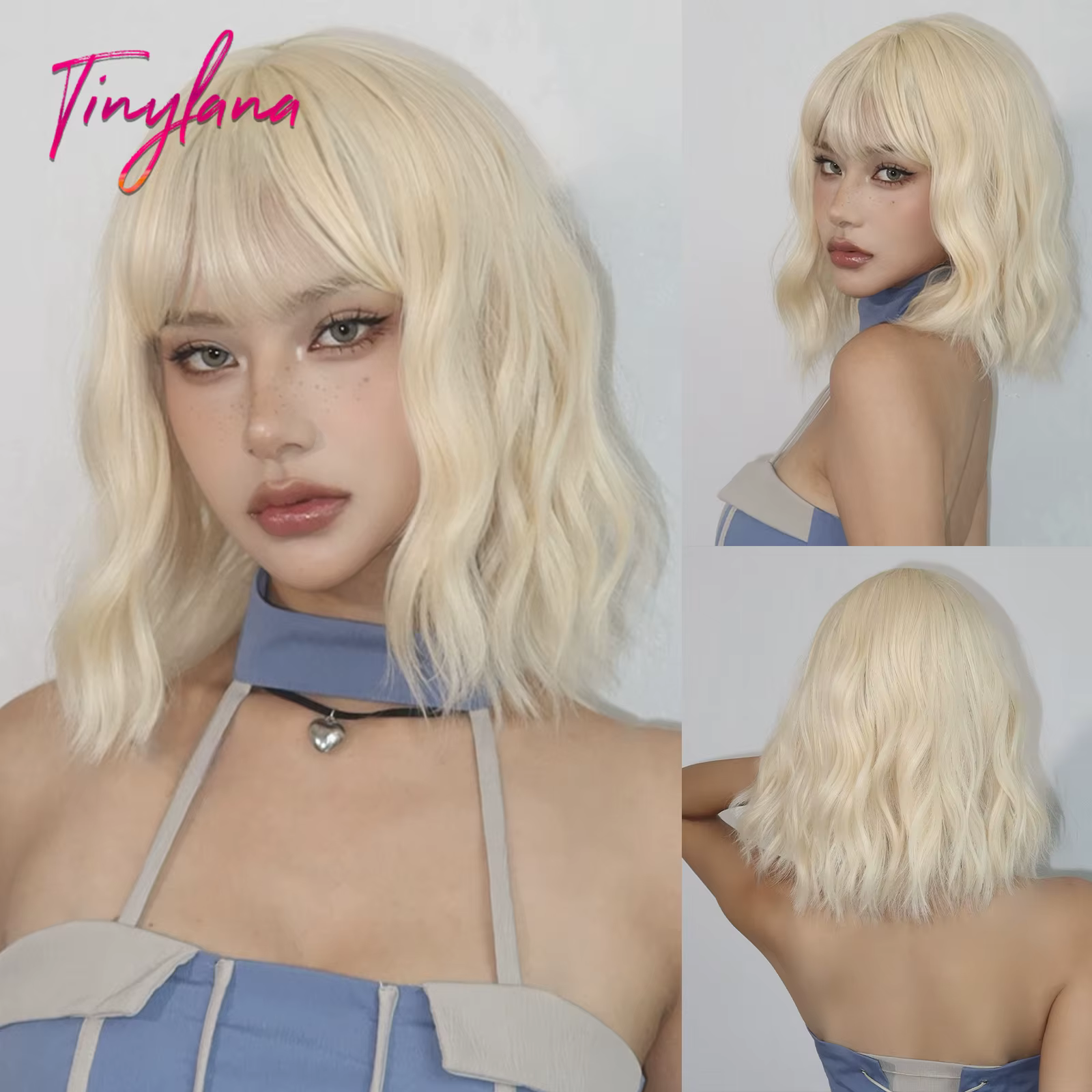 Perruques synthétiques ondulées Bob blondes Beige avec frange, perruques Lolita courtes de Cosplay p