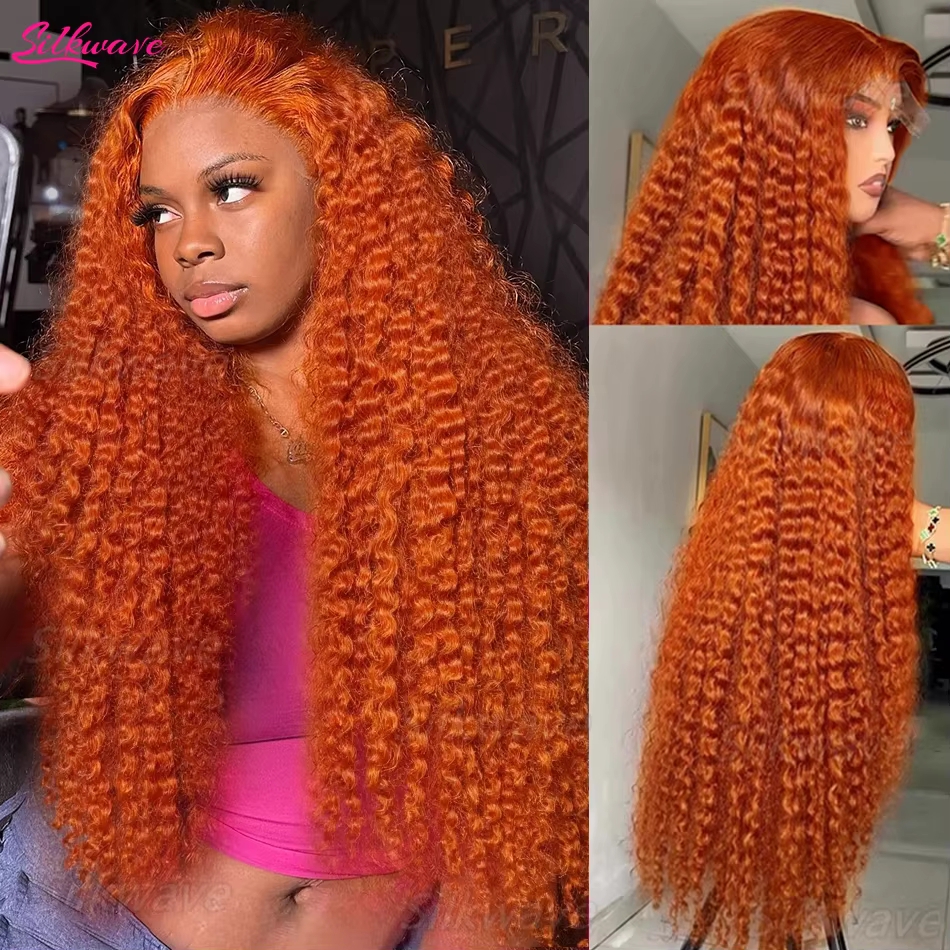 Silkwave vague d'eau 13x4 Orange gingembre dentelle avant perruque bouclés cheveux humains perruques