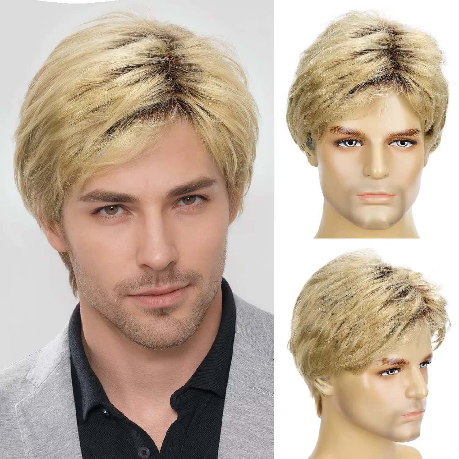 Perruque synthétique pour hommes européens et américains, coupe courte multicolore dorée, look mascu