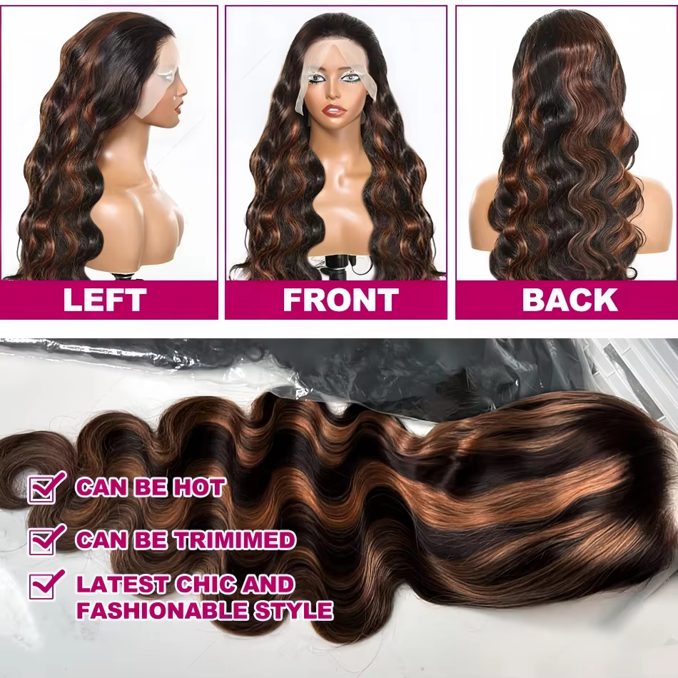 Perruque Lace Frontale HD 13x6 en Cheveux Humains Ondulés Ombrés Pré-Pluckée, Couleur 1B/30 Noir Bru