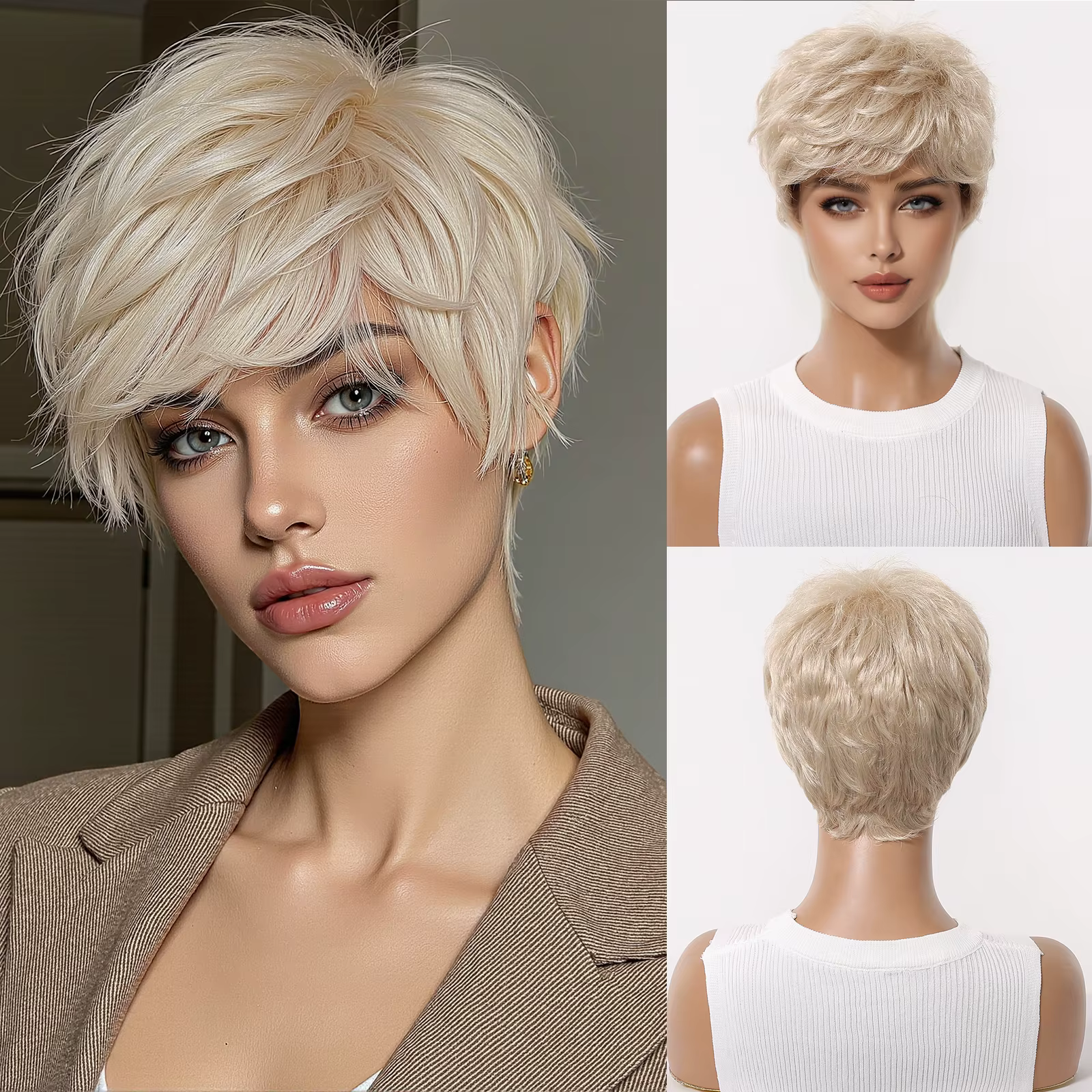 Perruques synthétiques courtes blondes platine pour hommes, faux cheveux naturels moelleux en couche