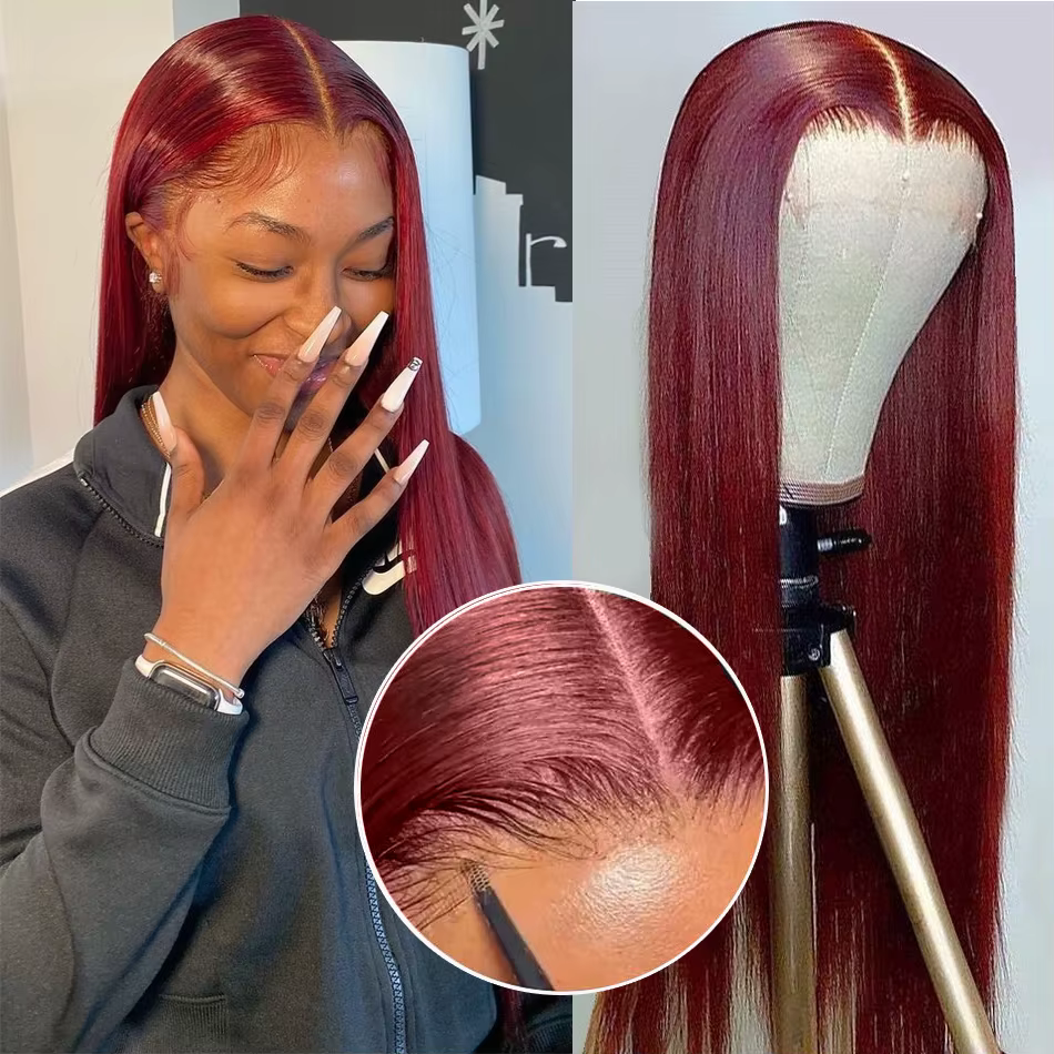 Tuneful-Perruques de cheveux humains sans colle, Perruques de couleur rouge bordeaux, Prêt à porter,