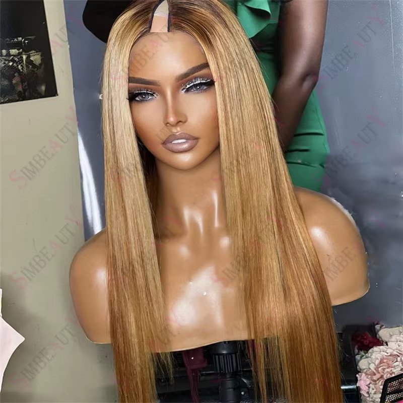 Perruque V-Part 1x4 Lisse Ondulée avec Mèches Blond Miel, Cheveux Humains 100% Non Traités, Sans Col
