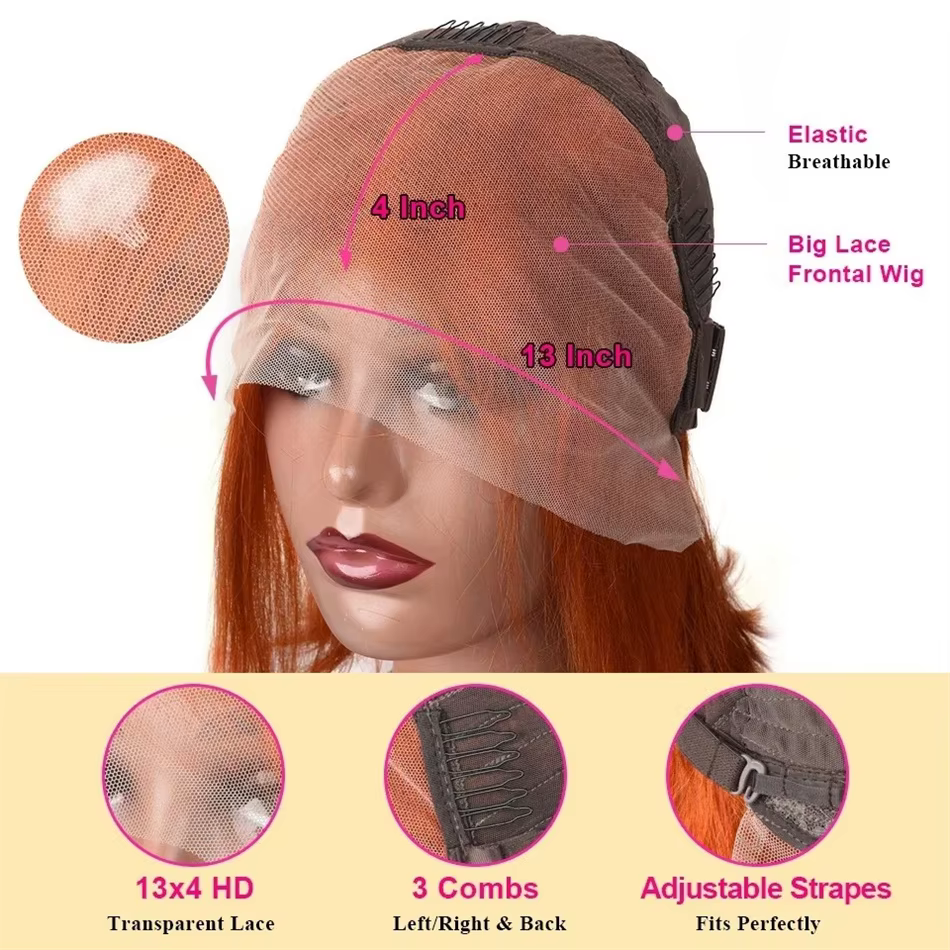Perruque Bob Courte Sans Colle 613 Orange Gingembre, Perruque Frontale HD en Dentelle, Cheveux Humai