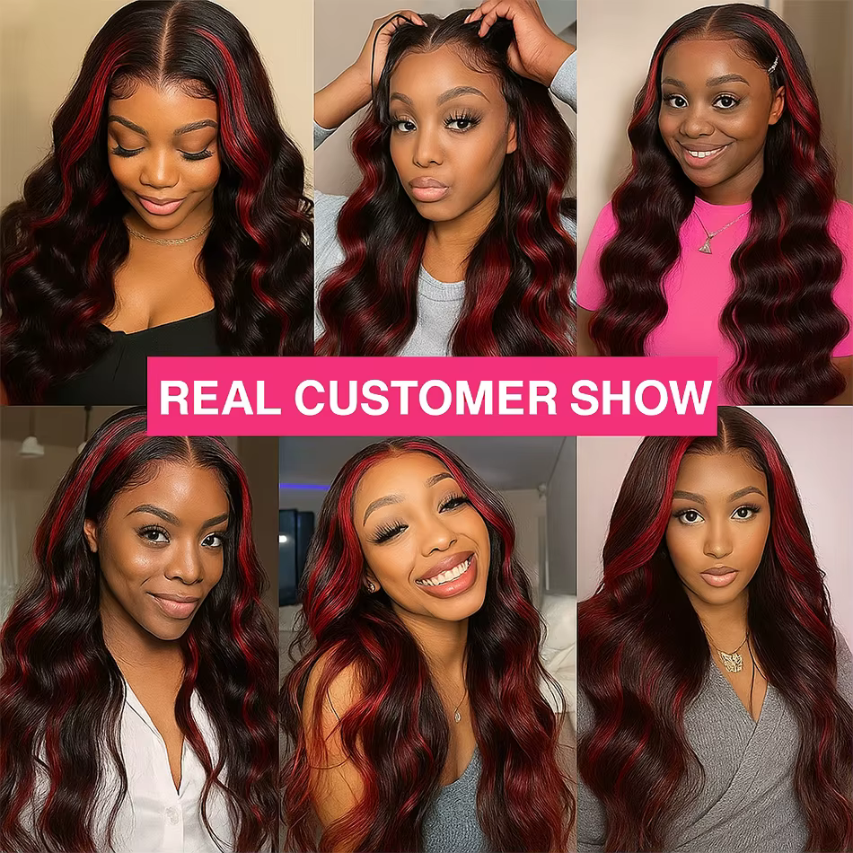 Perruque 1B/99J Highlight en cheveux humains, 13x4 HD Body Wave Lace Frontal, colorée rouge et noir,