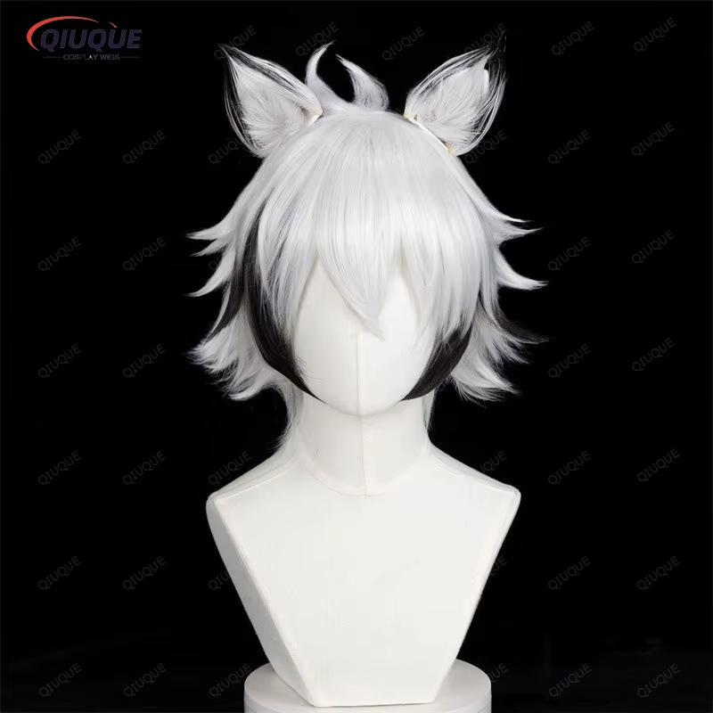 Von Lycaon-Perruque Synthétique Courte avec Oreilles pour Homme, Cosplay, Bonnet, Argent, Blanc, Noi