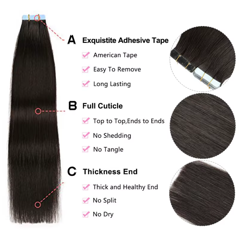 Queen Hair Official PU Tape In Hair Skin Weft Hand Tied PU Adhesives Raw Human Hair Extensions Invis