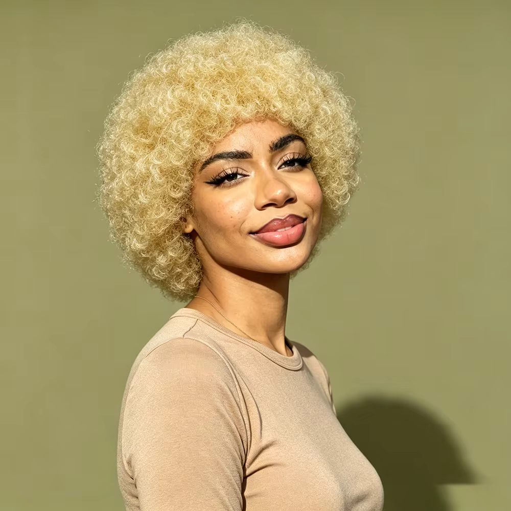 Perruque courte bouclée afro blond miel, volumineuse, style pixie crépu avec frange, bonnet ajustabl