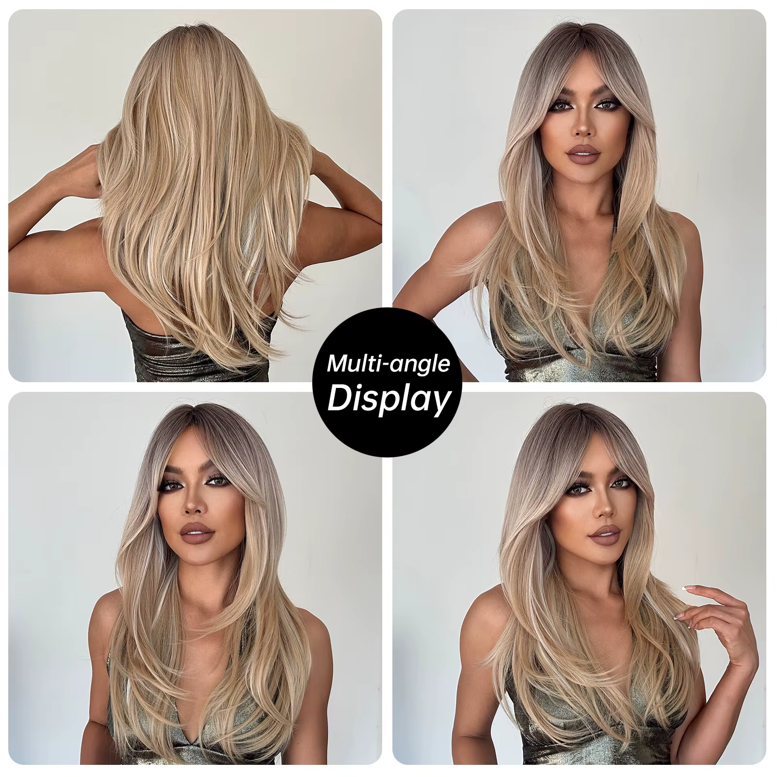 Perruque synthétique longue et lisse à reflets platine blond avec frange, cheveux naturels résistant