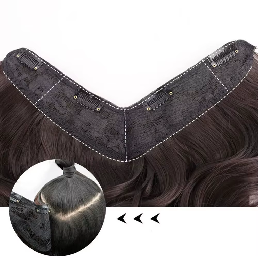 Extension de cheveux synthétiques longs et bouclés de 20 pouces, 4 clips en forme de V, postiche bru