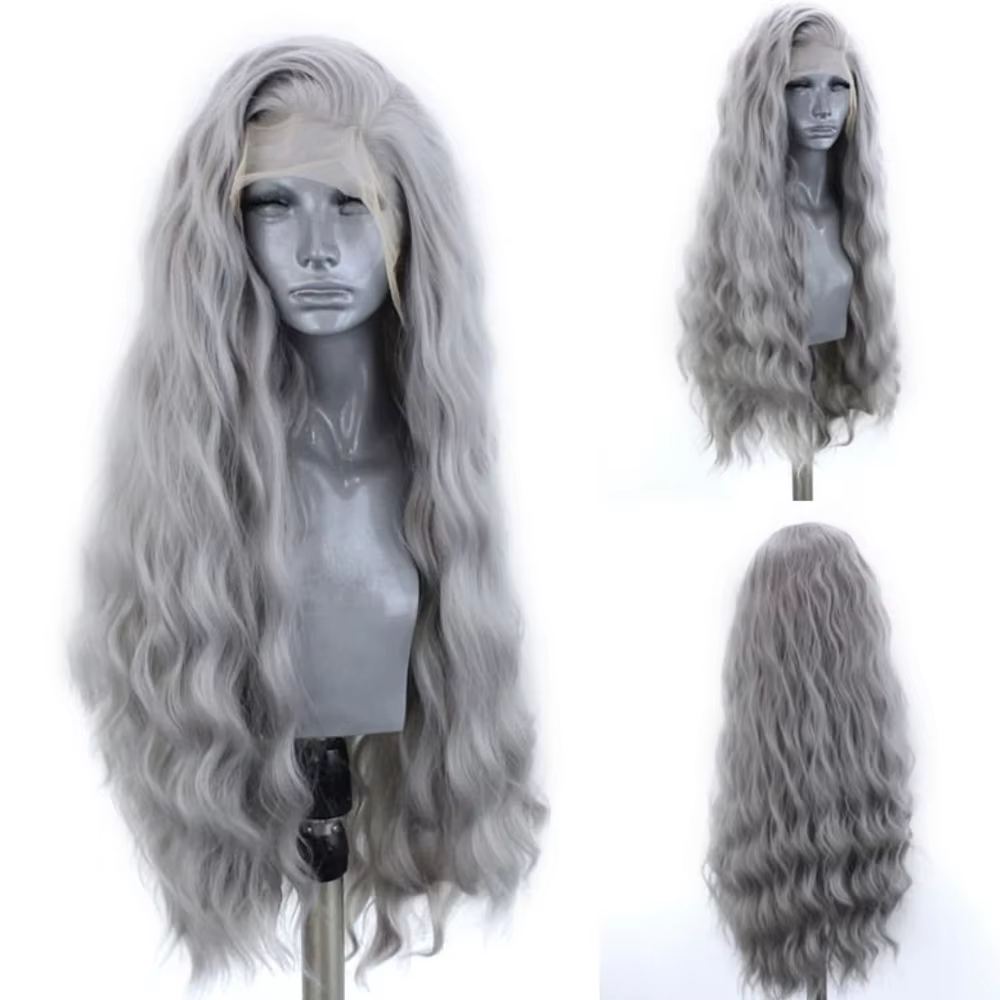 Perruque Lace Front Wig synthétique grise 13x4, perruque longue bouclée et ample en Fiber résistante