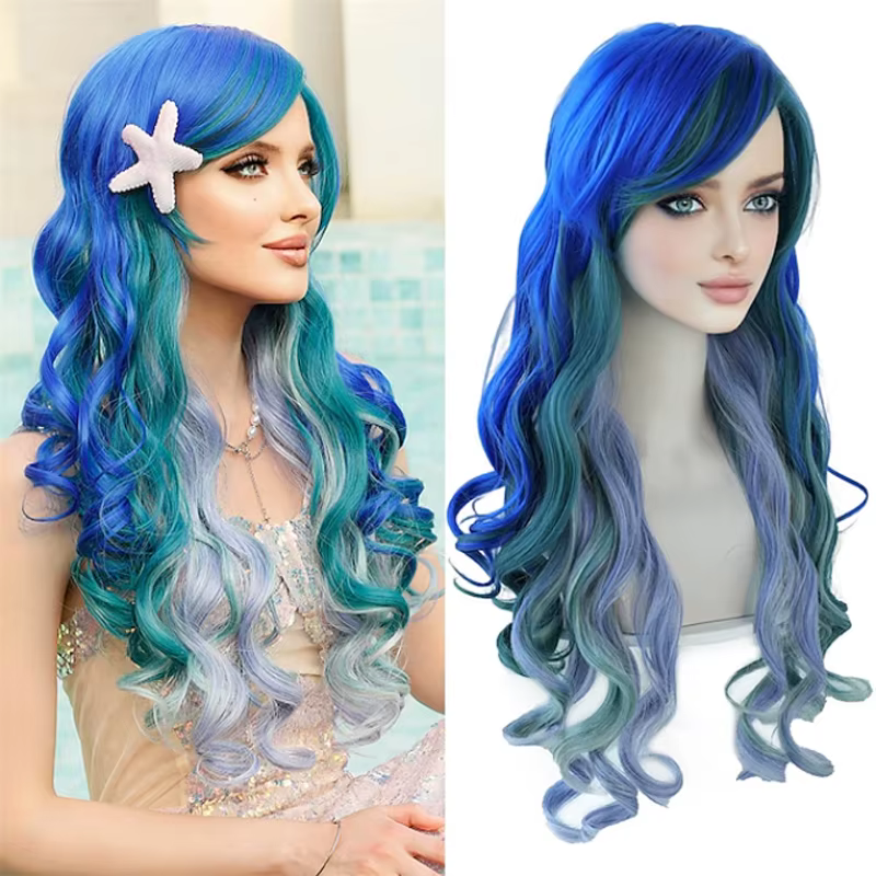 HAIRJOY Perruque synthétique longue ondulée bleu-vert style sirène, bouclée, pour cosplay Ariel la P