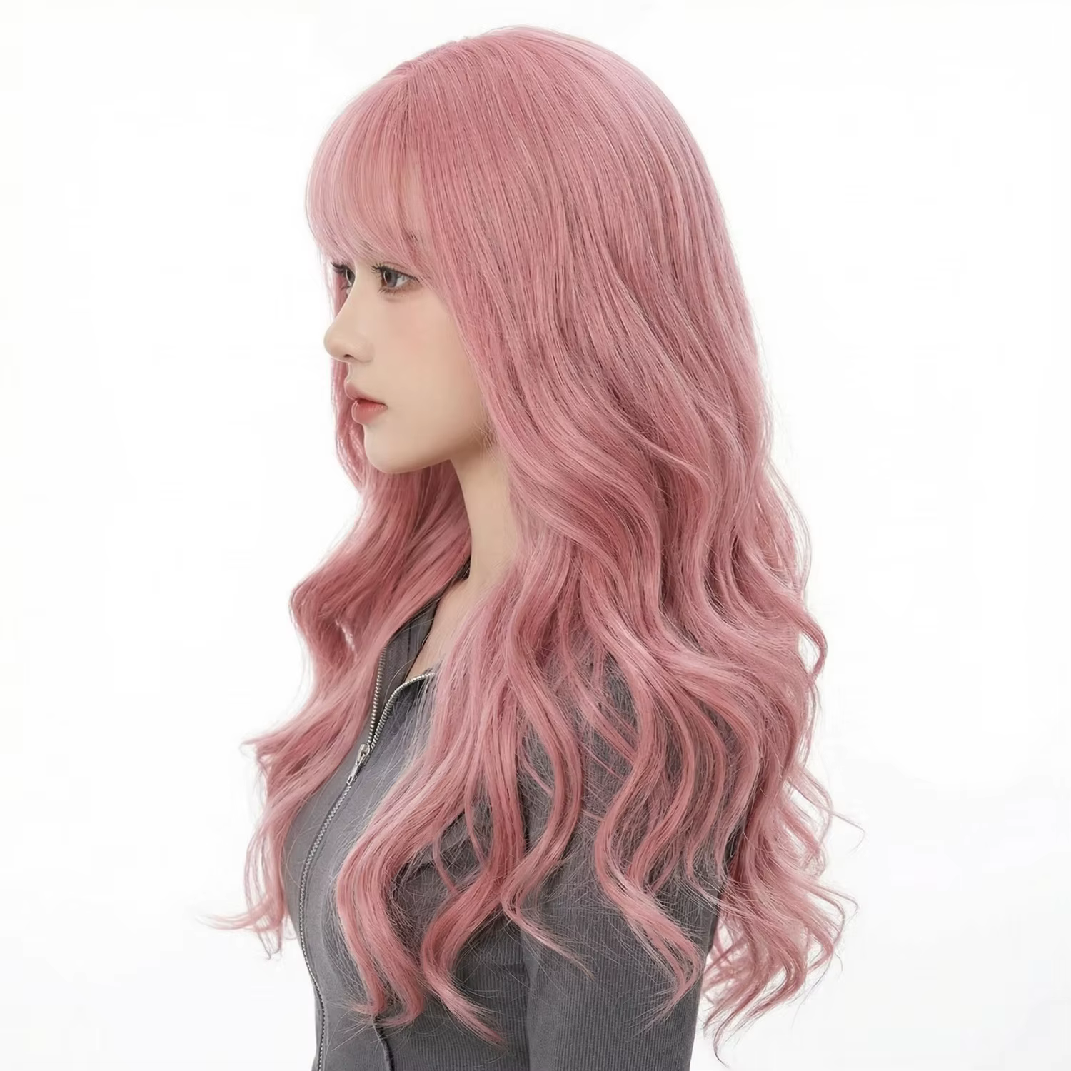 Perruque longue bouclée rose de 28 pouces, perruque synthétique pour femme, franges droites rose fon