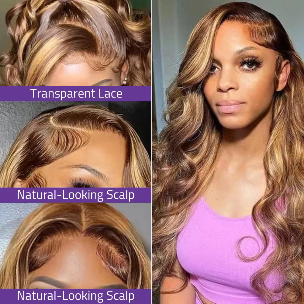 Perruque Highlight en Cheveux Humains Naturels P4/27 Blond Miel, Perruques Lace Front 13x6 en Cheveu