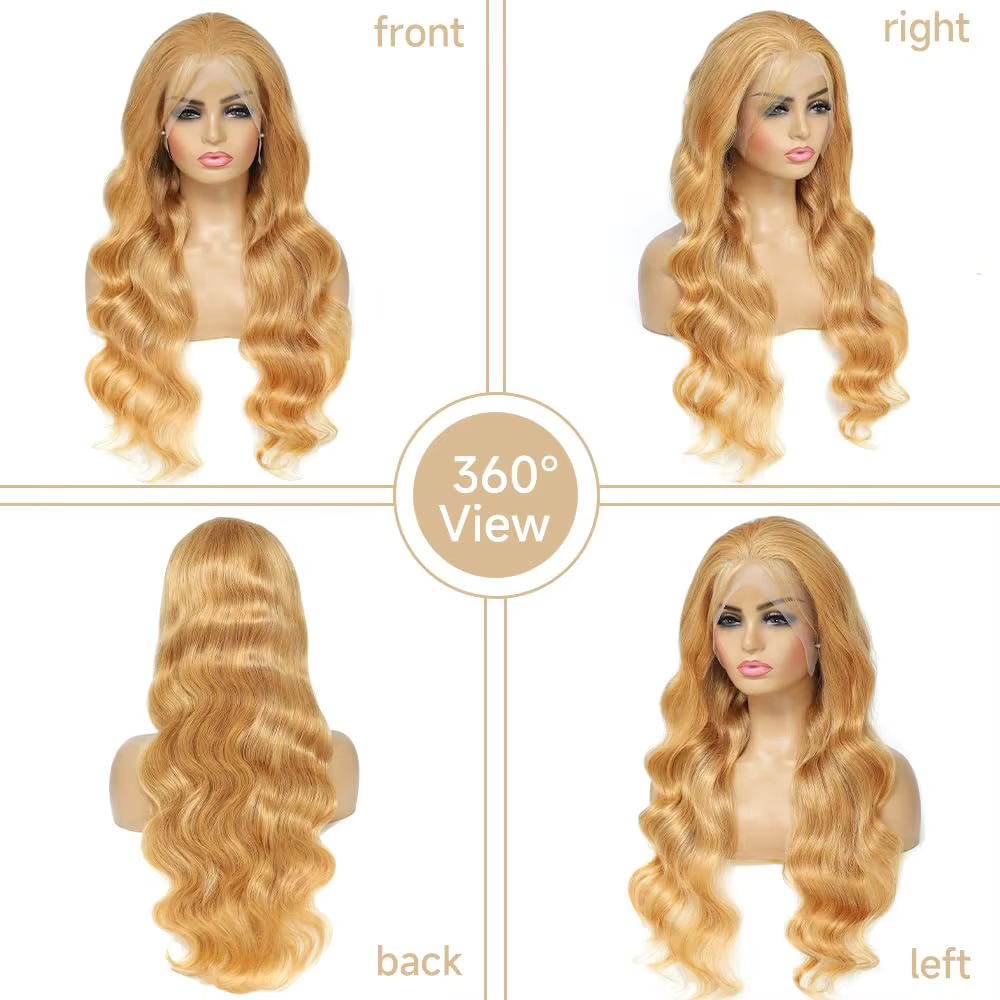 Perruque de cheveux humains avant de dentelle blond miel 13x6 HD 210% densité vague de corps perruqu