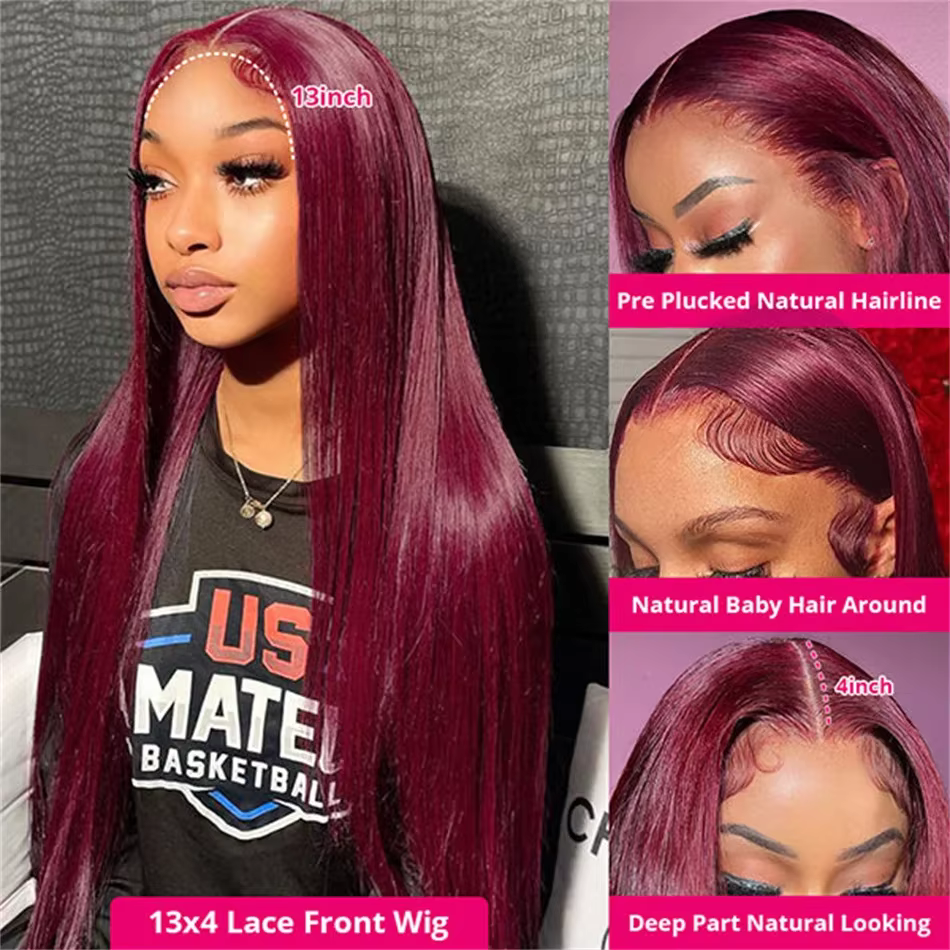 Perruques de cheveux humains lisses bordeaux 99J avec dentelle frontale 13x4 13x6 HD transparente, p