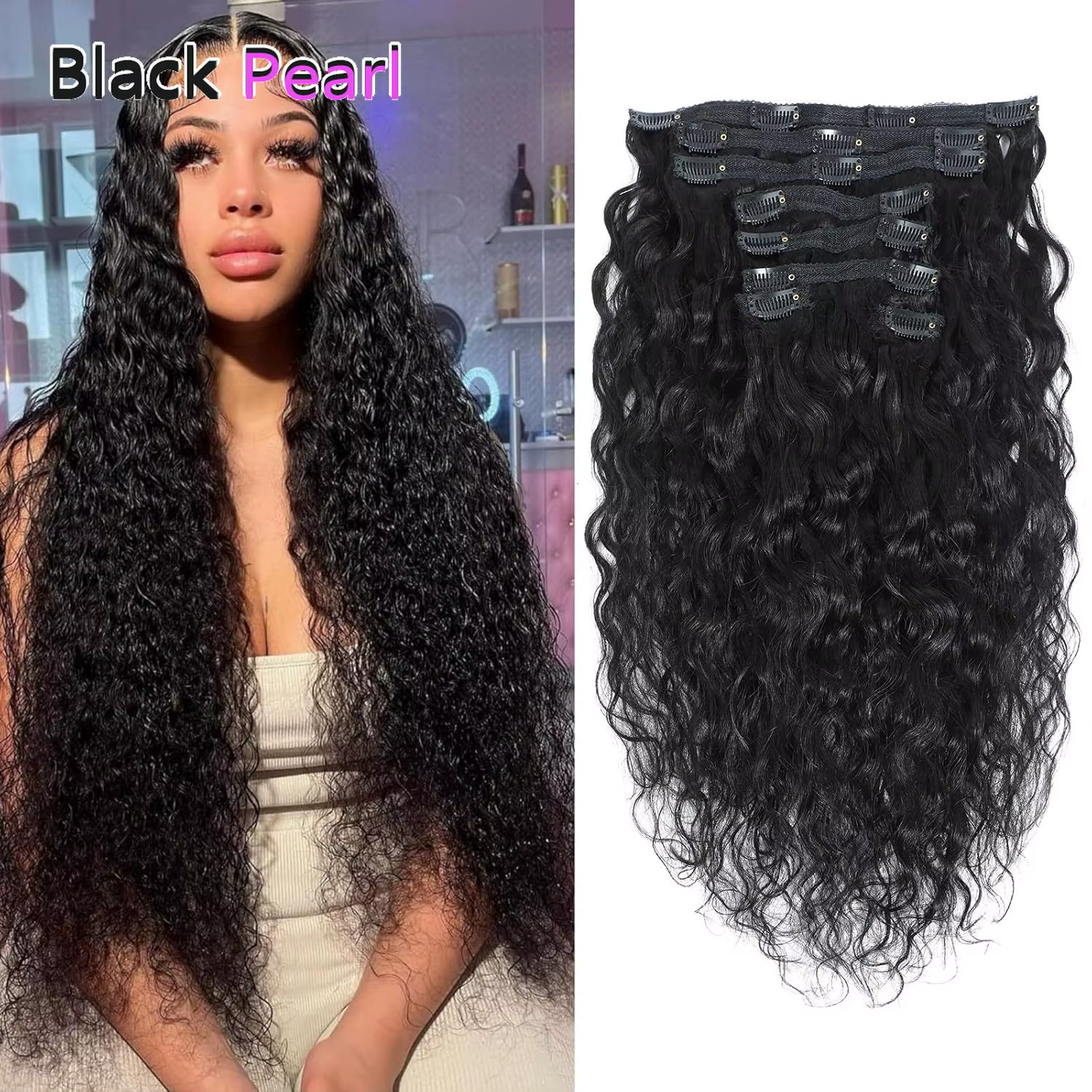 Extensions de cheveux humains brésiliennes Black Pearl Ocean Wave, 7 pièces, clips Black Pearl Water