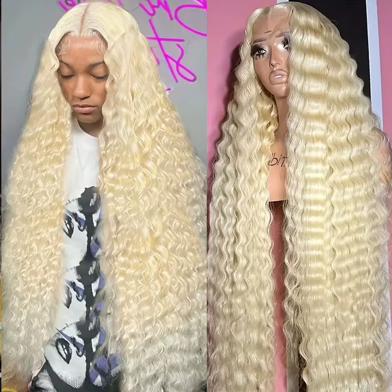 Perruques de 38 pouces en cheveux humains blonds, Lace Front Deep Wave 613 Blonde, dentelle HD 13x6,