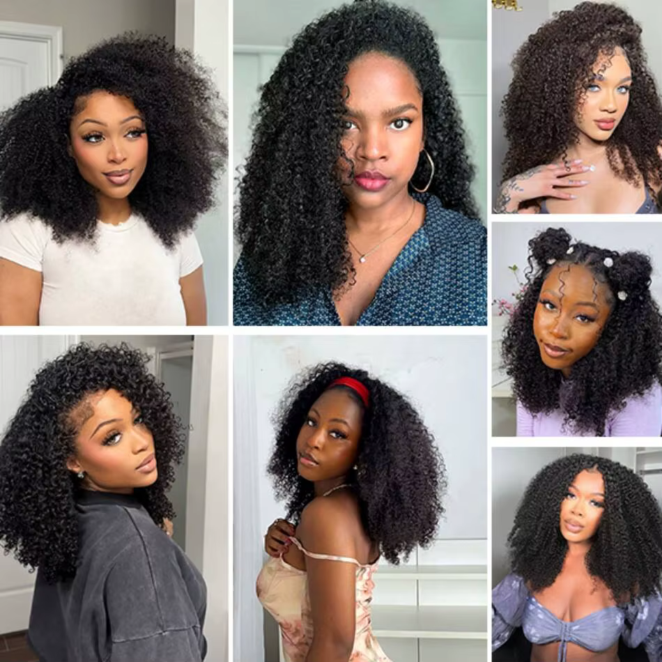 Perruque mi-tête 3-en-1 à ondulations bouclées en cheveux humains, densité 200, avec cordon de serra