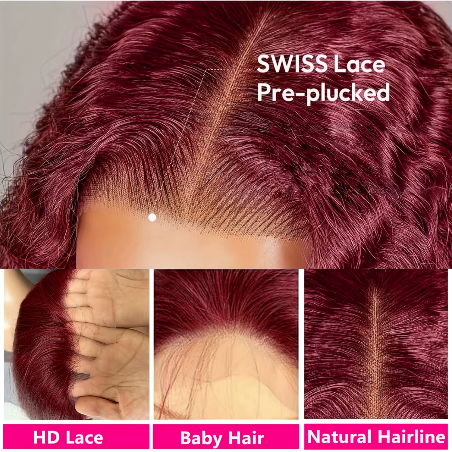 Perruques Deep Wave 99J Bourgogne, Perruque Frontale HD Lace 13x6, Perruques Frontales HD Transparen