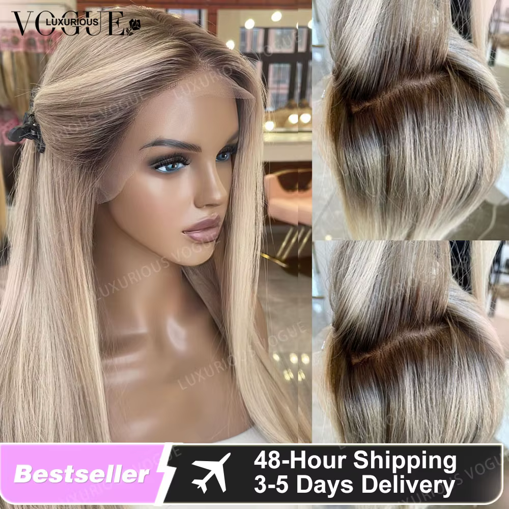 Perruque Lace Front Wig 100% naturelle lisse, blond crème, blond cendré, densité 190%, pour Salon de