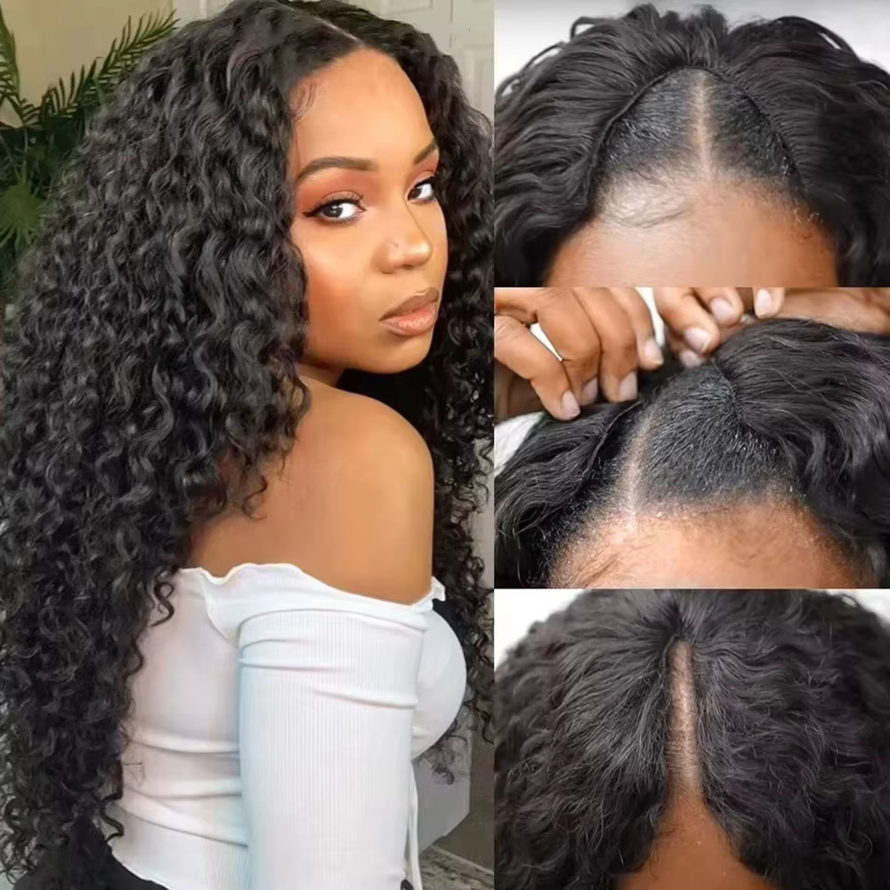 Perruque V-Part Deep Wave 40 pouces en cheveux humains, sans colle, densité 200, bouclée crépue, san